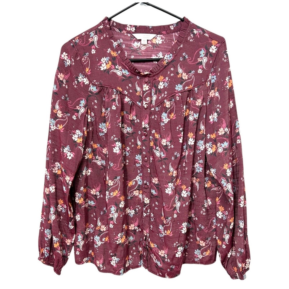 Boho Floral Paisley Button Front Blouse M Burgundy Ruffle Neck Cottagecore Indie